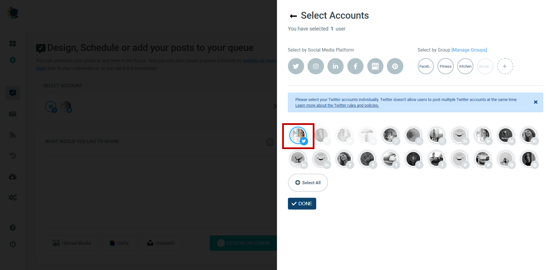 Connect and select your Twitter account to plan your future tweets!
