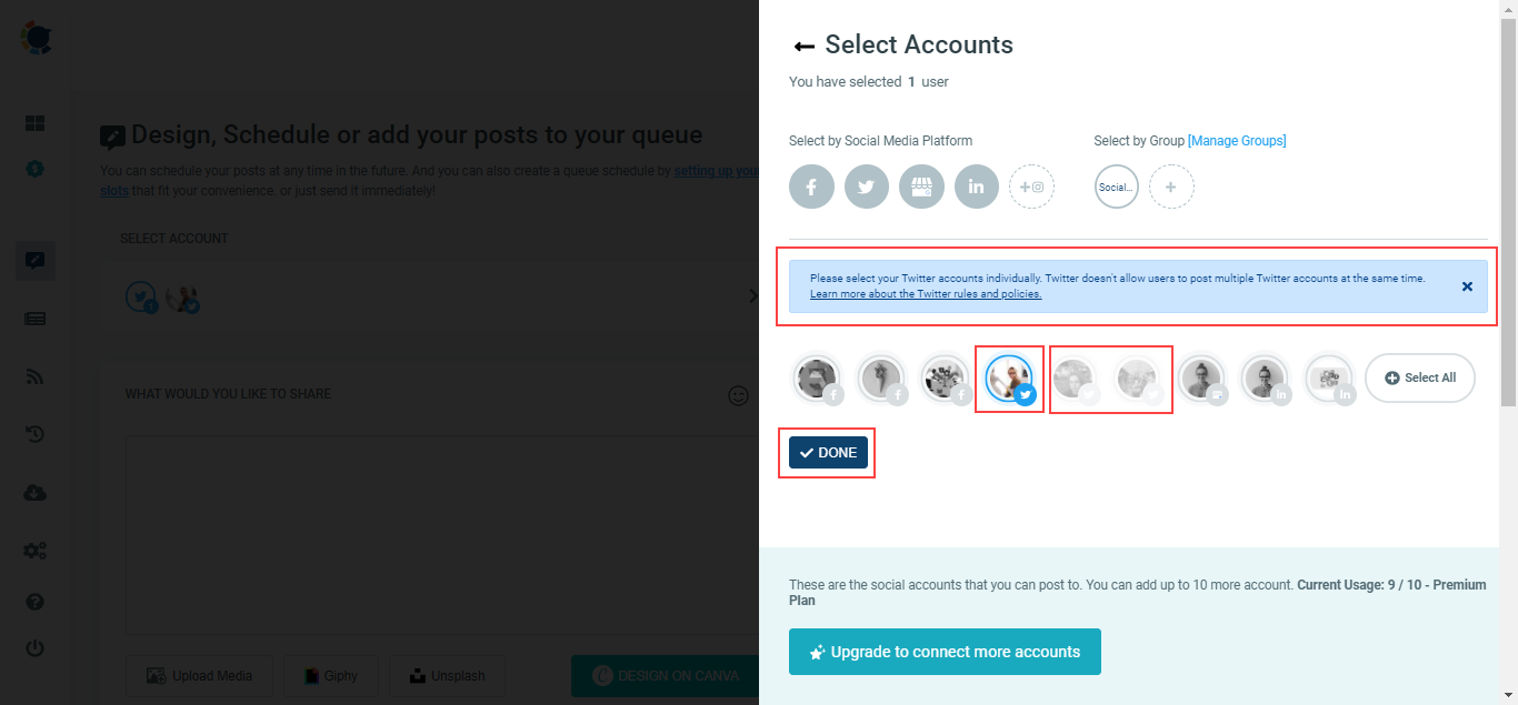 You can auto tweet to multiple Twitter accounts through a single dashboard on Circleboom!